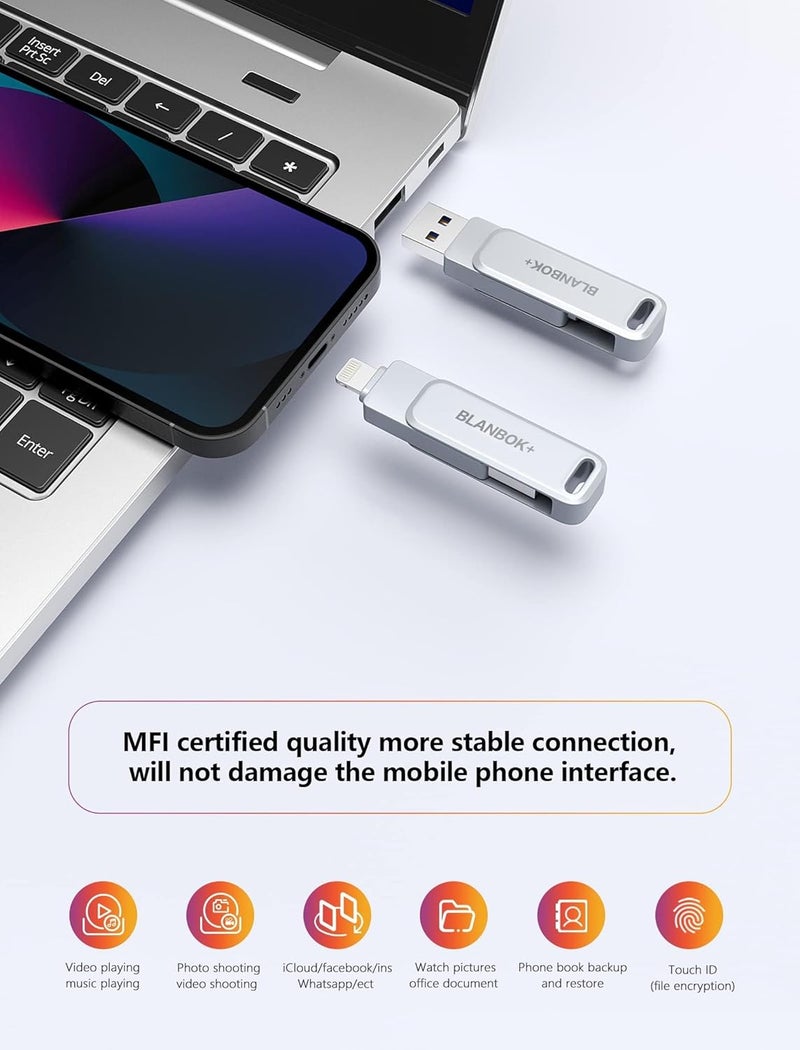 BLANBOK+ MFi Certified 512GB Flash Drive Thumb Drives USB Memory Stick High Speed Jump Drive, Portable Photo Stick External Storage iPhone Flash Drive for iPhone/iPad/Android/PC - Image 5